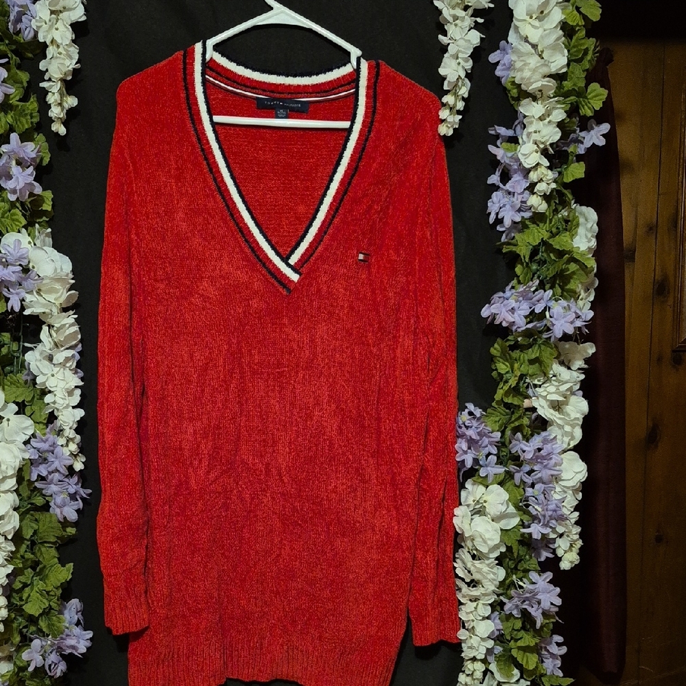 Tommy Hilfiger Red Knit Sweater with Striped Neckline